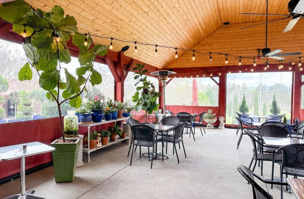 Inside Overmountain Vineyards with plants and seating