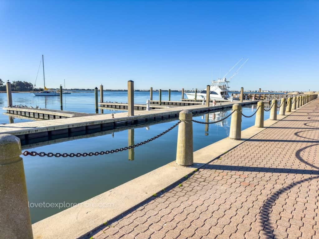 Morehead City NC Waterfront with pier and boat in background
